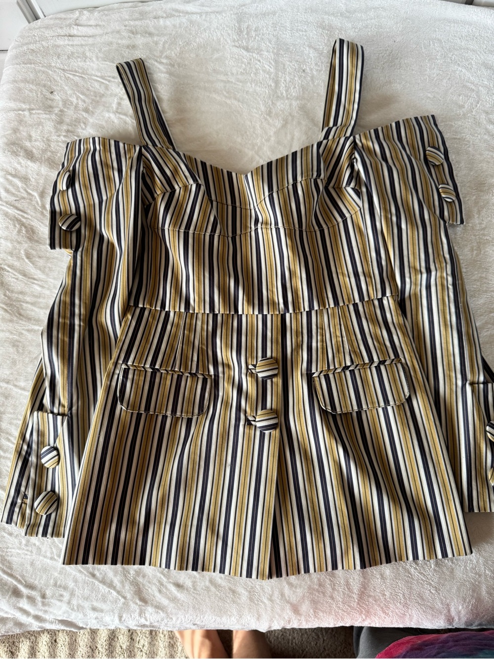 Silvia Tcherassi Striped Off-Shoulder Camisole in Yellow, Black and White